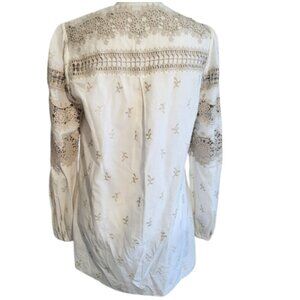 ELIE TAHARI Cream & Tan Cotton Crochet Sleeve Button-Down Boho Blouse Women's M